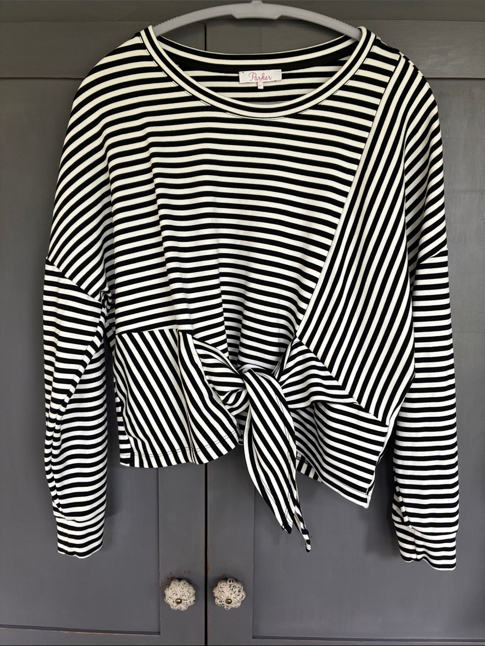 Parker Black and White Striped Tie-Front Long Sleeve Top